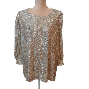 Cable & Gauge 1x Woman Silver Gold Sequin 3/4 Sleeve Top Plus Size Party Blouse